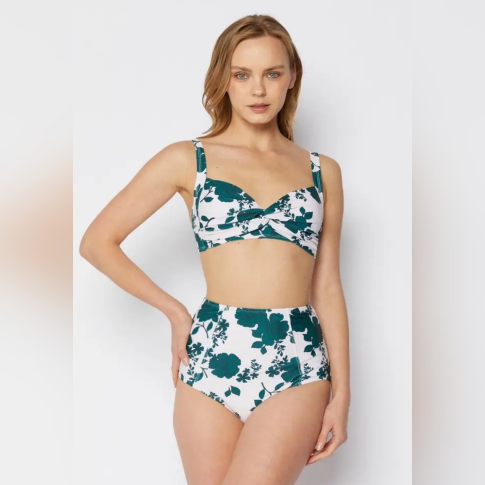 Marina West Vintage Style Floral High Waisted 2 Piece Bathing Suit White Green